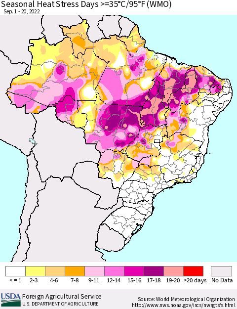 Brazil Seasonal Heat Stress Days >=35°C/95°F (WMO) Thematic Map For 9/1/2022 - 9/20/2022