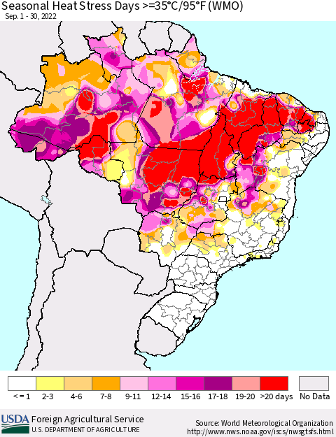 Brazil Seasonal Heat Stress Days >=35°C/95°F (WMO) Thematic Map For 9/1/2022 - 9/30/2022