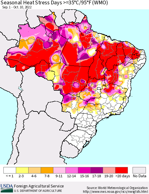 Brazil Seasonal Heat Stress Days >=35°C/95°F (WMO) Thematic Map For 9/1/2022 - 10/10/2022