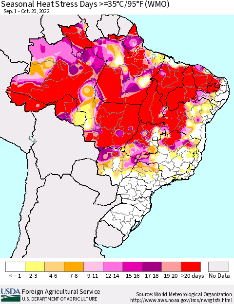 Brazil Seasonal Heat Stress Days >=35°C/95°F (WMO) Thematic Map For 9/1/2022 - 10/20/2022