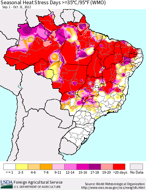 Brazil Seasonal Heat Stress Days >=35°C/95°F (WMO) Thematic Map For 9/1/2022 - 10/31/2022