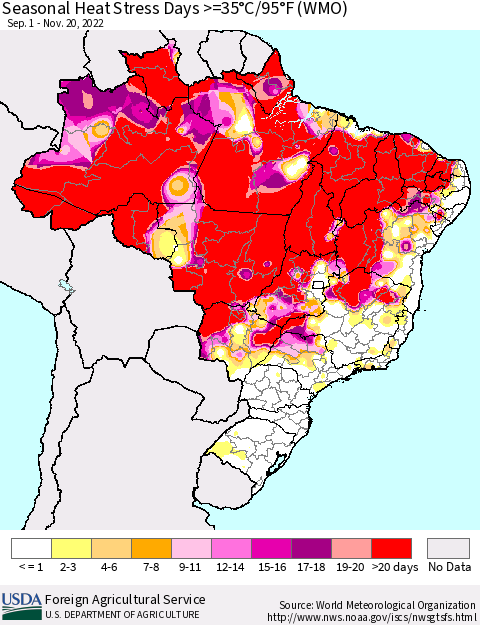Brazil Seasonal Heat Stress Days >=35°C/95°F (WMO) Thematic Map For 9/1/2022 - 11/20/2022