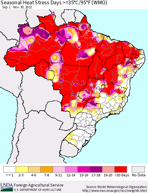 Brazil Seasonal Heat Stress Days >=35°C/95°F (WMO) Thematic Map For 9/1/2022 - 11/30/2022