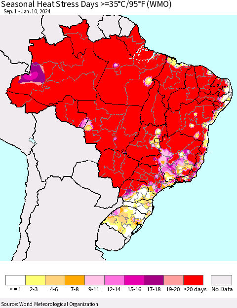 Brazil Seasonal Heat Stress Days >=35°C/95°F (WMO) Thematic Map For 9/1/2023 - 1/10/2024