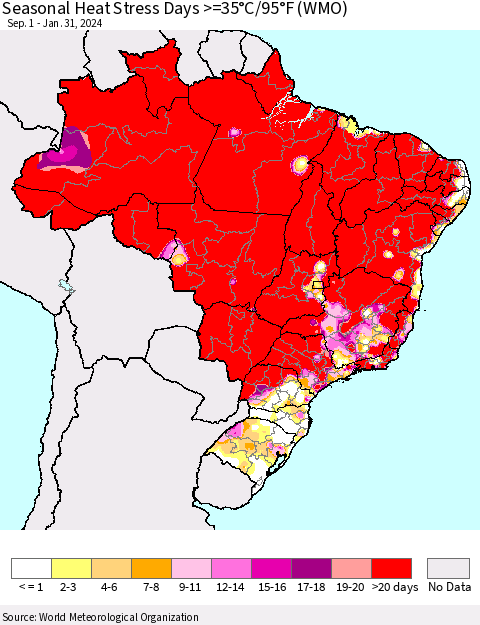 Brazil Seasonal Heat Stress Days >=35°C/95°F (WMO) Thematic Map For 9/1/2023 - 1/31/2024