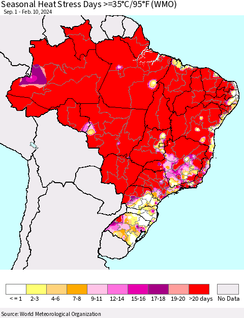 Brazil Seasonal Heat Stress Days >=35°C/95°F (WMO) Thematic Map For 9/1/2023 - 2/10/2024