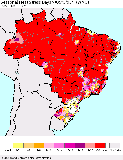 Brazil Seasonal Heat Stress Days >=35°C/95°F (WMO) Thematic Map For 9/1/2023 - 2/29/2024