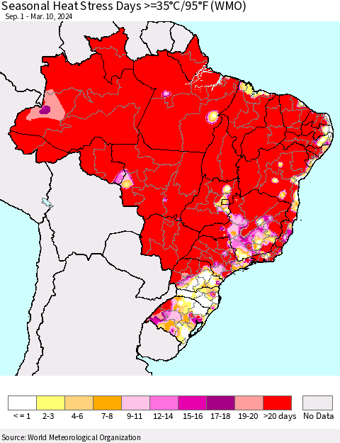 Brazil Seasonal Heat Stress Days >=35°C/95°F (WMO) Thematic Map For 9/1/2023 - 3/10/2024