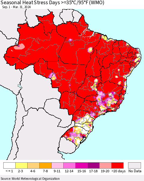 Brazil Seasonal Heat Stress Days >=35°C/95°F (WMO) Thematic Map For 9/1/2023 - 3/31/2024