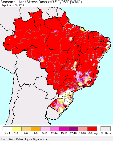 Brazil Seasonal Heat Stress Days >=35°C/95°F (WMO) Thematic Map For 9/1/2023 - 4/30/2024