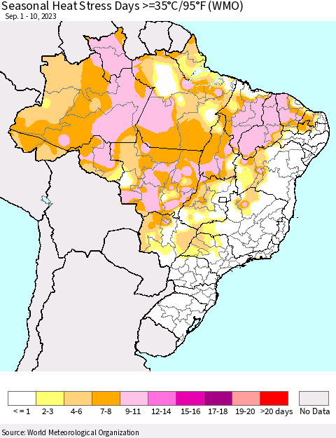 Brazil Seasonal Heat Stress Days >=35°C/95°F (WMO) Thematic Map For 9/1/2023 - 9/10/2023