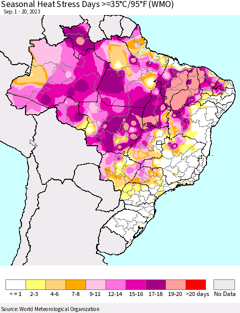 Brazil Seasonal Heat Stress Days >=35°C/95°F (WMO) Thematic Map For 9/1/2023 - 9/20/2023