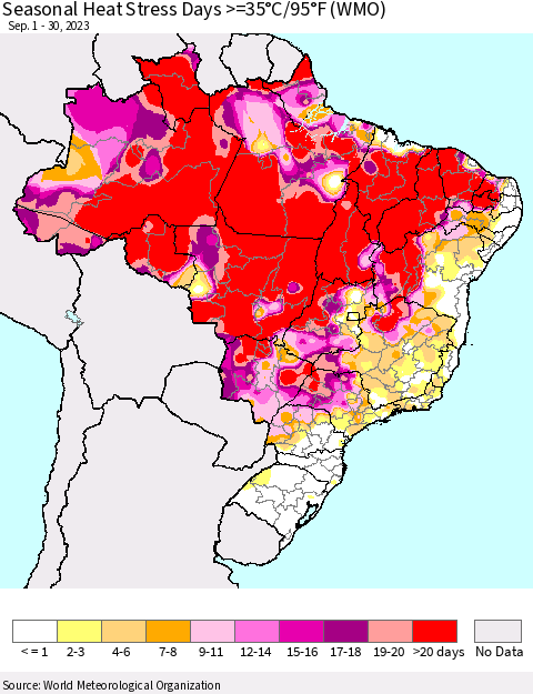 Brazil Seasonal Heat Stress Days >=35°C/95°F (WMO) Thematic Map For 9/1/2023 - 9/30/2023