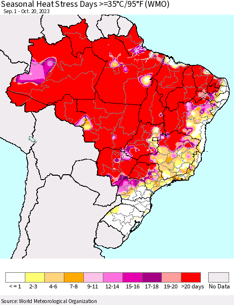Brazil Seasonal Heat Stress Days >=35°C/95°F (WMO) Thematic Map For 9/1/2023 - 10/20/2023