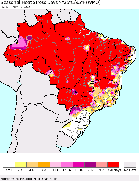 Brazil Seasonal Heat Stress Days >=35°C/95°F (WMO) Thematic Map For 9/1/2023 - 11/10/2023