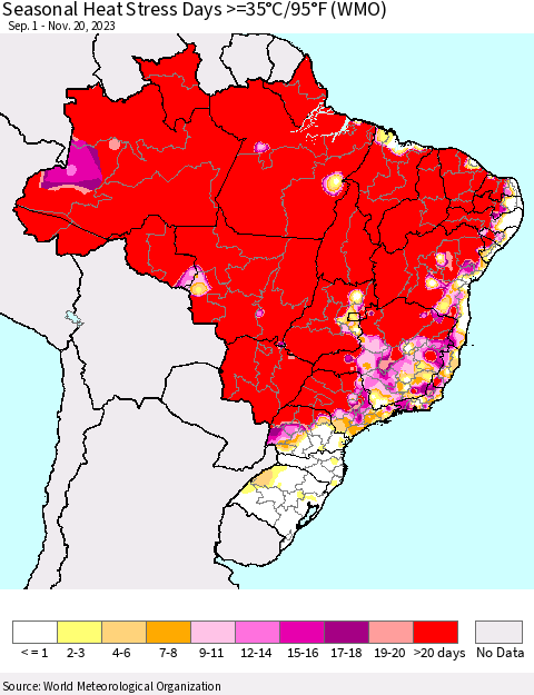 Brazil Seasonal Heat Stress Days >=35°C/95°F (WMO) Thematic Map For 9/1/2023 - 11/20/2023