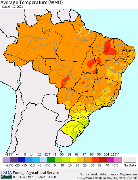 Brazil Average Temperature (WMO) Thematic Map For 9/6/2021 - 9/12/2021