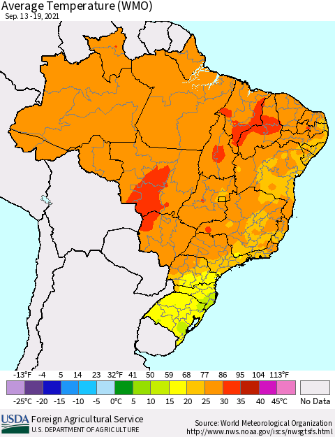 Brazil Average Temperature (WMO) Thematic Map For 9/13/2021 - 9/19/2021