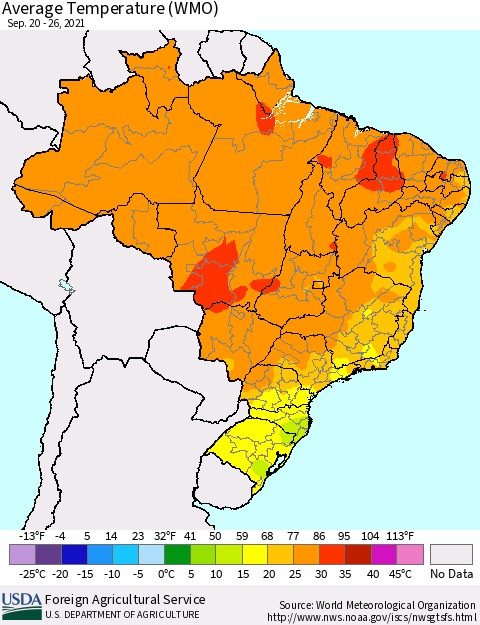 Brazil Average Temperature (WMO) Thematic Map For 9/20/2021 - 9/26/2021