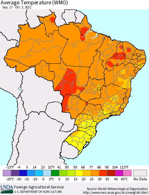 Brazil Average Temperature (WMO) Thematic Map For 9/27/2021 - 10/3/2021