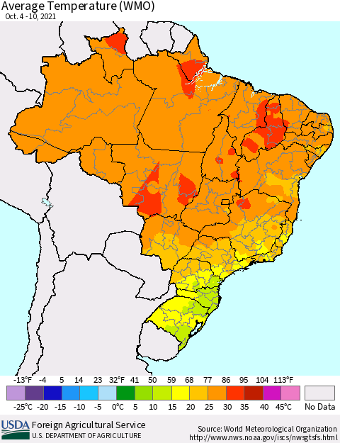 Brazil Average Temperature (WMO) Thematic Map For 10/4/2021 - 10/10/2021