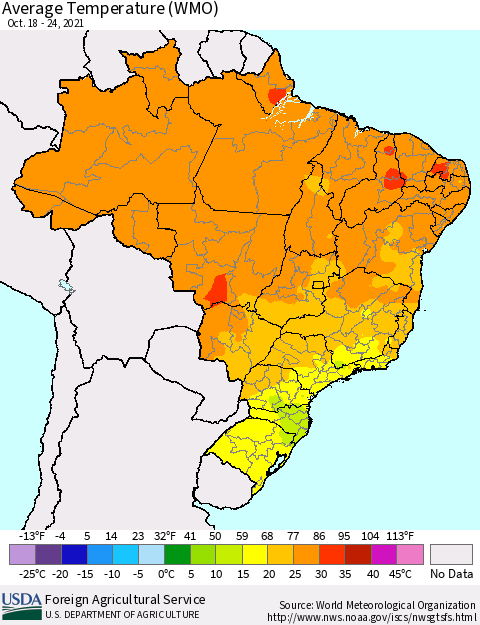Brazil Average Temperature (WMO) Thematic Map For 10/18/2021 - 10/24/2021