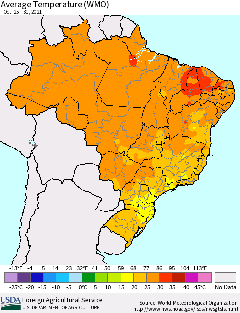 Brazil Average Temperature (WMO) Thematic Map For 10/25/2021 - 10/31/2021
