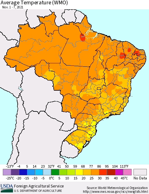 Brazil Average Temperature (WMO) Thematic Map For 11/1/2021 - 11/7/2021