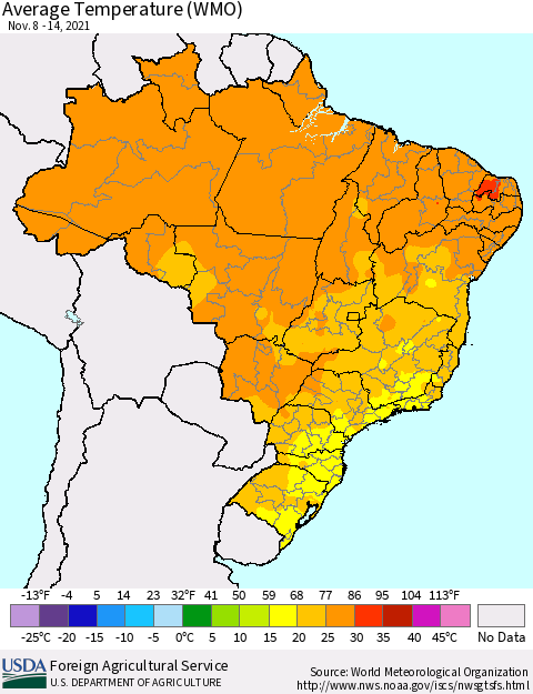 Brazil Average Temperature (WMO) Thematic Map For 11/8/2021 - 11/14/2021