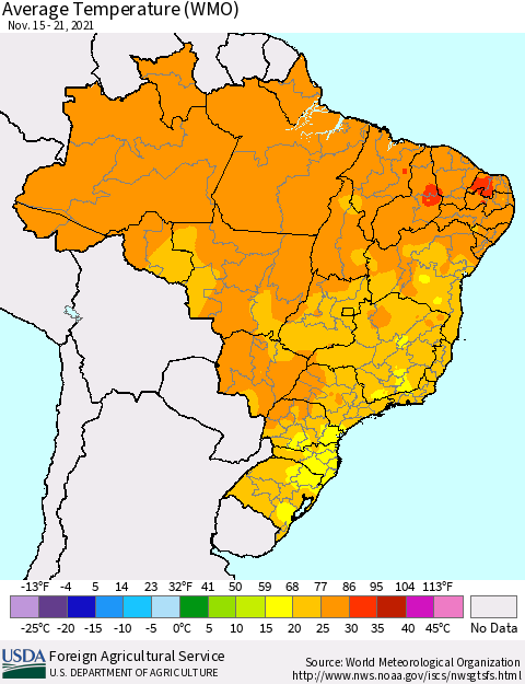 Brazil Average Temperature (WMO) Thematic Map For 11/15/2021 - 11/21/2021