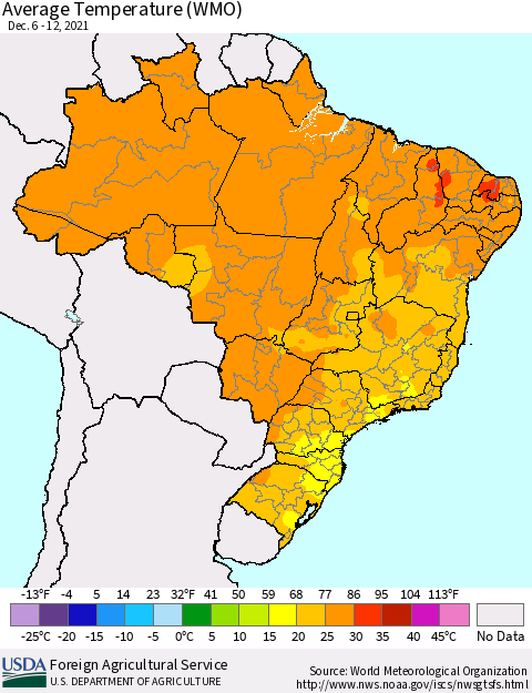 Brazil Average Temperature (WMO) Thematic Map For 12/6/2021 - 12/12/2021