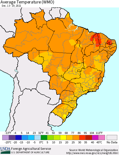 Brazil Average Temperature (WMO) Thematic Map For 12/13/2021 - 12/19/2021