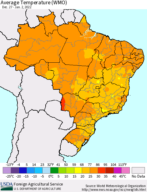 Brazil Average Temperature (WMO) Thematic Map For 12/27/2021 - 1/2/2022