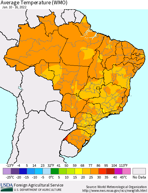 Brazil Average Temperature (WMO) Thematic Map For 1/10/2022 - 1/16/2022