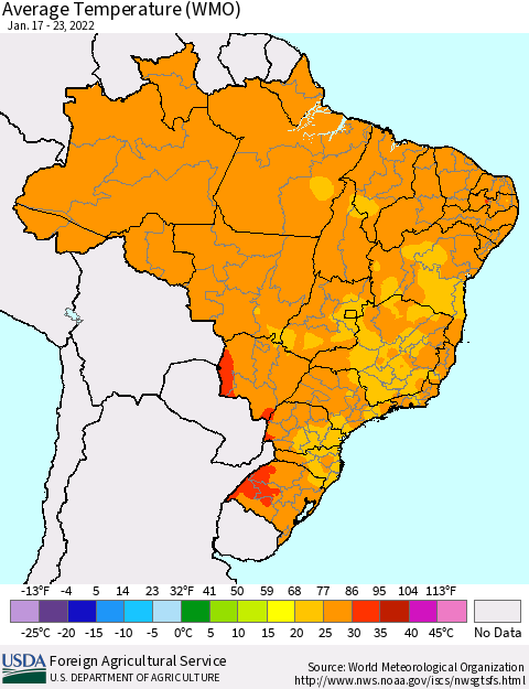 Brazil Average Temperature (WMO) Thematic Map For 1/17/2022 - 1/23/2022