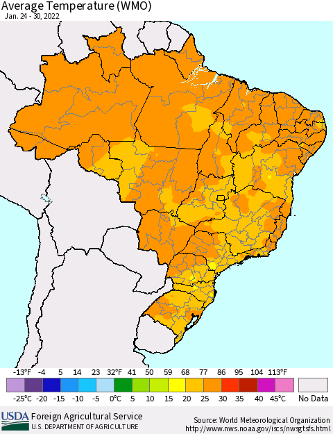 Brazil Average Temperature (WMO) Thematic Map For 1/24/2022 - 1/30/2022