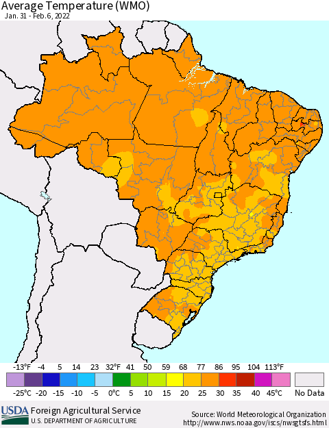 Brazil Average Temperature (WMO) Thematic Map For 1/31/2022 - 2/6/2022