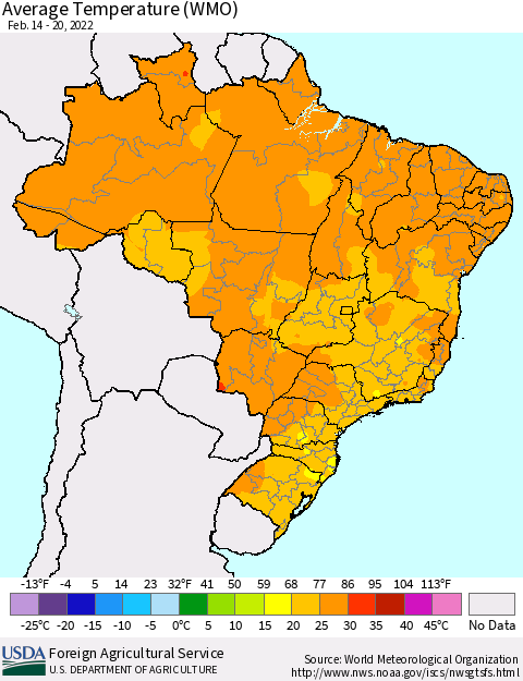 Brazil Average Temperature (WMO) Thematic Map For 2/14/2022 - 2/20/2022