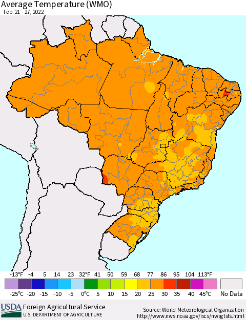 Brazil Average Temperature (WMO) Thematic Map For 2/21/2022 - 2/27/2022
