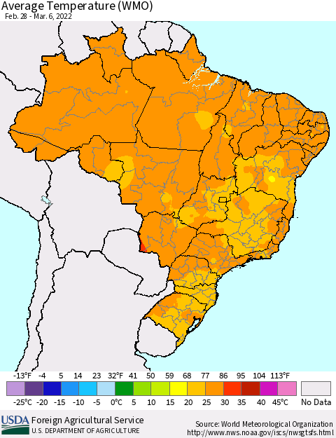 Brazil Average Temperature (WMO) Thematic Map For 2/28/2022 - 3/6/2022