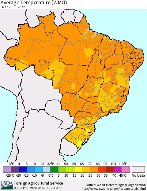 Brazil Average Temperature (WMO) Thematic Map For 3/7/2022 - 3/13/2022