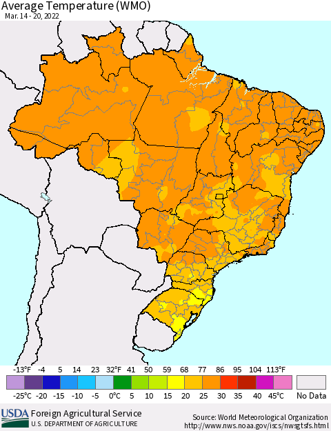 Brazil Average Temperature (WMO) Thematic Map For 3/14/2022 - 3/20/2022