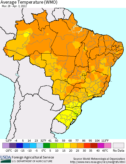 Brazil Average Temperature (WMO) Thematic Map For 3/28/2022 - 4/3/2022