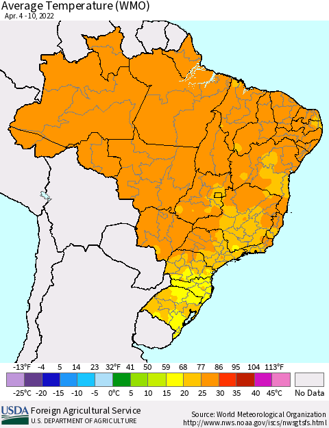 Brazil Average Temperature (WMO) Thematic Map For 4/4/2022 - 4/10/2022