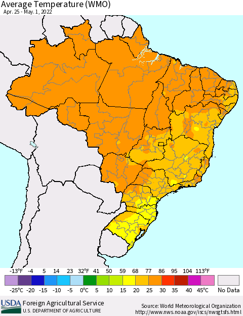 Brazil Average Temperature (WMO) Thematic Map For 4/25/2022 - 5/1/2022
