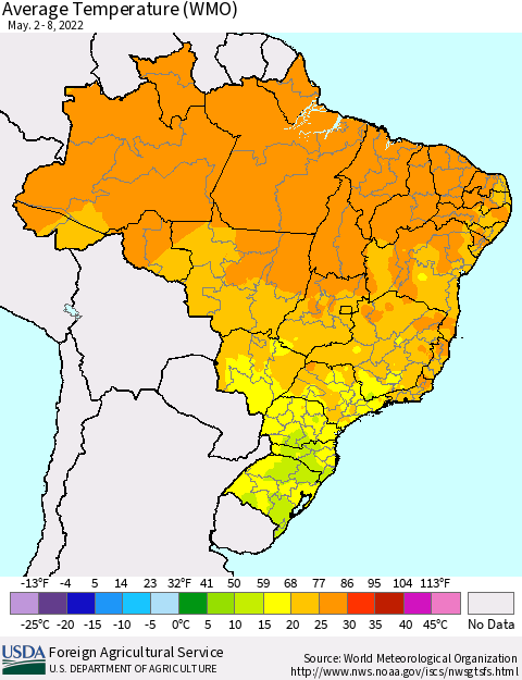 Brazil Average Temperature (WMO) Thematic Map For 5/2/2022 - 5/8/2022