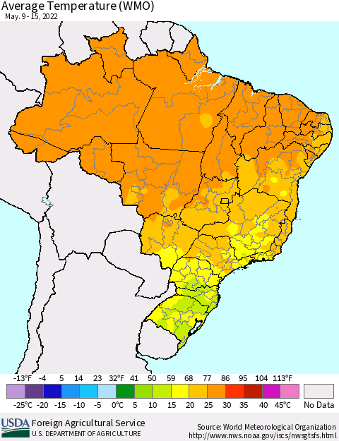 Brazil Average Temperature (WMO) Thematic Map For 5/9/2022 - 5/15/2022