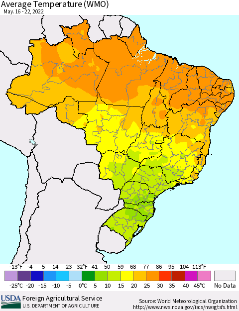 Brazil Average Temperature (WMO) Thematic Map For 5/16/2022 - 5/22/2022
