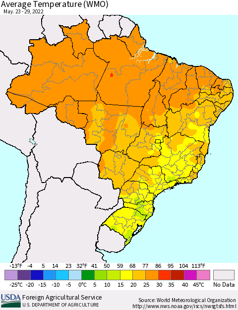 Brazil Average Temperature (WMO) Thematic Map For 5/23/2022 - 5/29/2022