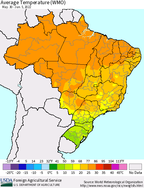 Brazil Average Temperature (WMO) Thematic Map For 5/30/2022 - 6/5/2022